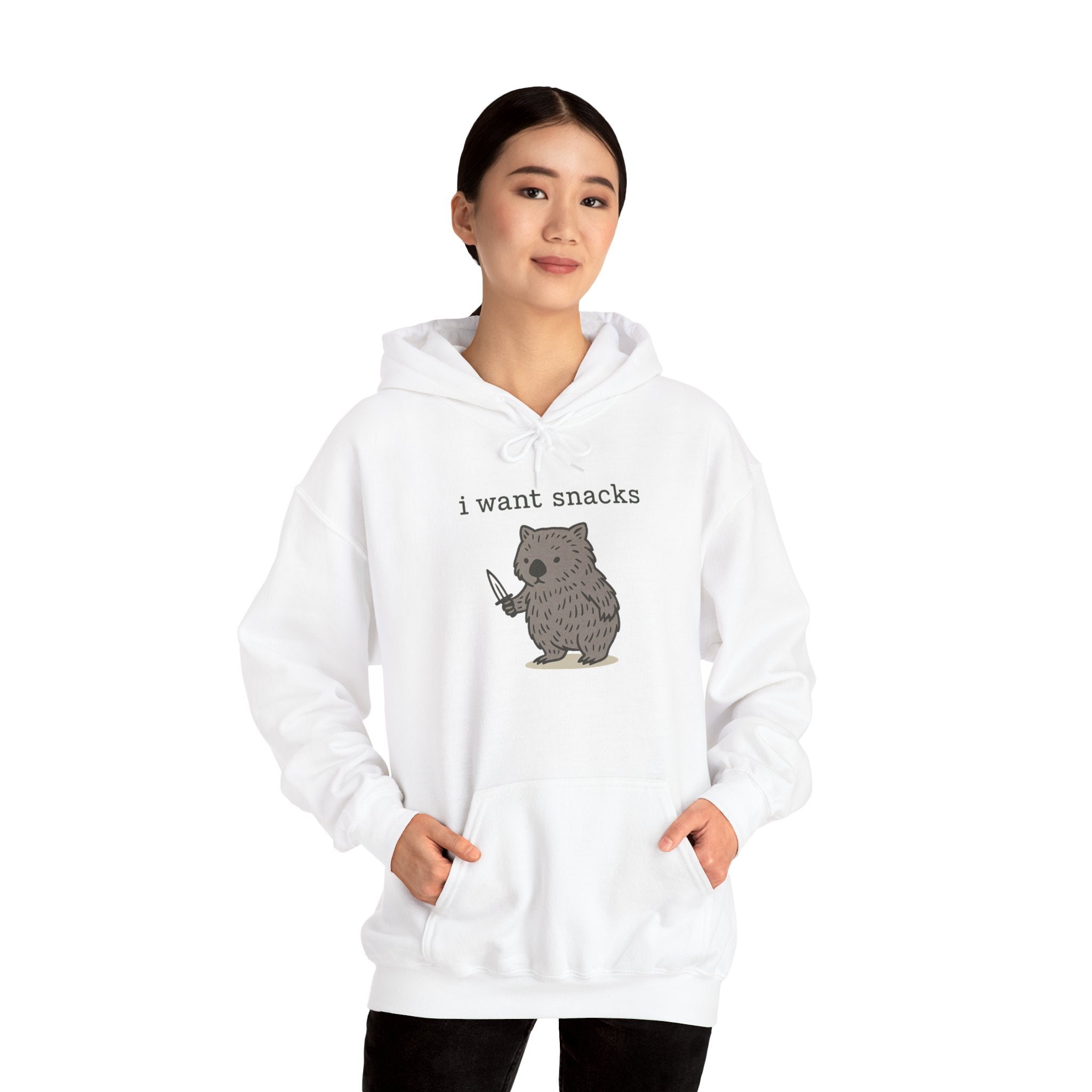 Hoodie — "I Want Snacks" Cute Bear Holding Fork Graphic Sweatshirt