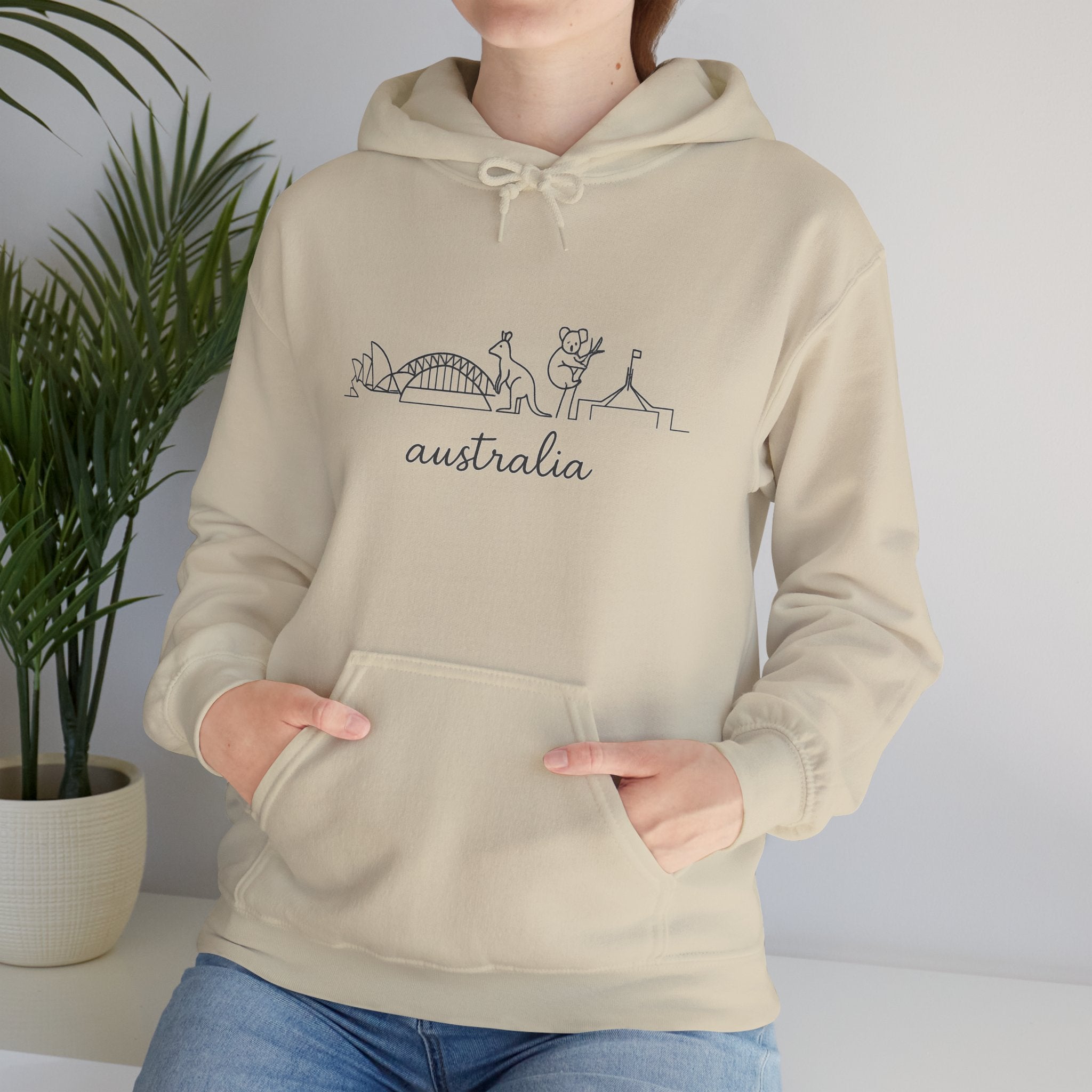 Australia Line Art Hoodie — Minimal Sydney Opera House & Kangaroo Pullover